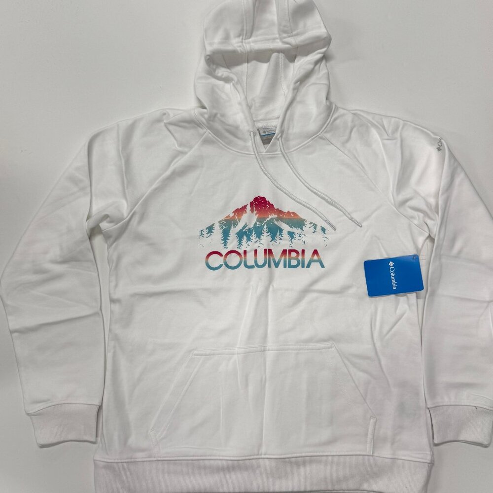 Columbia French Terry Hoodie Womens Large or XL White New Pullover Colorful Logo